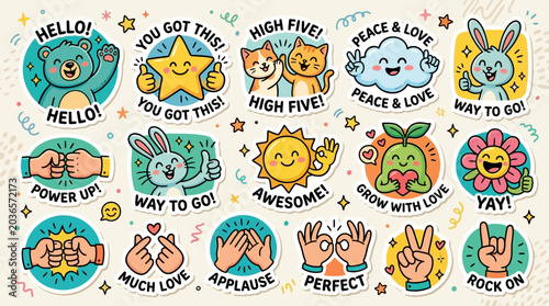 Collection of cheerful and positive cartoon stickers featuring animals, hands, and encouraging messages for joy and motivation