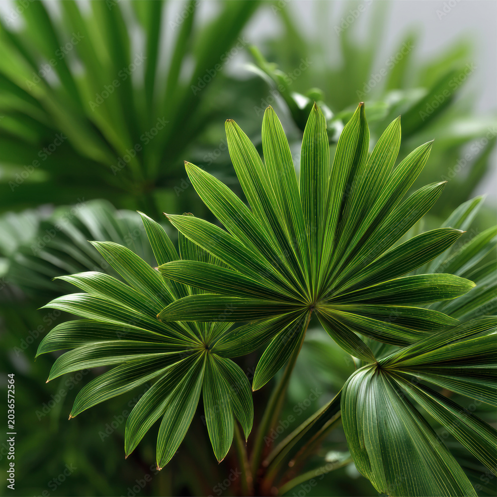 Fototapeta premium Tropical palm leaf green foliage fan shape natural texture lush plant botanical garden vibrant closeup exotic fresh