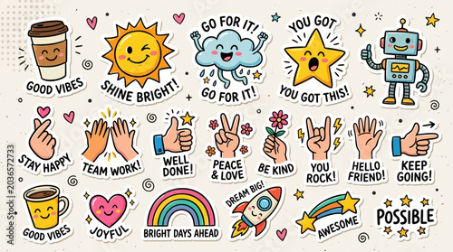 Collection of motivational and positive affirmation stickers featuring fun icons like smiling sun, stars, robots, and rainbows with encouraging messages