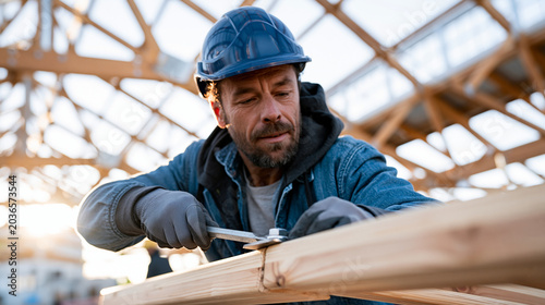 Soaring exposed parallel chord timber roof truss system spanning vast interior of converted rural railway goods shed building project, structural carpenter silhouetted against orig