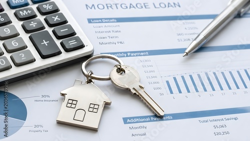 Mortgage loan approval document with house key calculator and pen on financial paperwork real estate financing home buying payment planning property investment and banking agreement concept