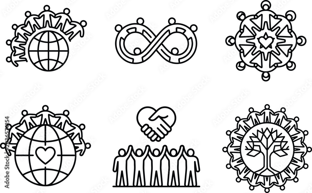 Fototapeta premium Set of black and white unity, togetherness, and community concept icons