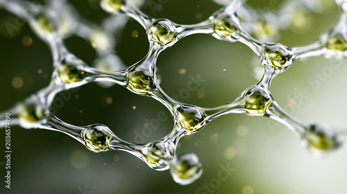 A luxury skincare background scene with a large glowing squalane hydrocarbon molecule chain network floating behind the center, massive luminous branched carbon chain structures fl