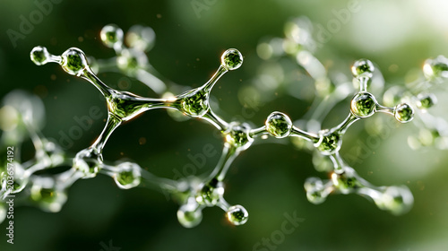 A luxury skincare background scene with a large glowing squalane hydrocarbon molecule chain network floating behind the center, massive luminous branched carbon chain structures fl