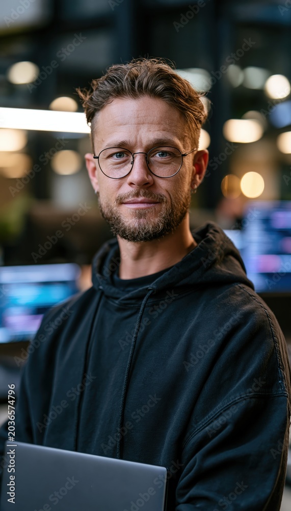 Fototapeta premium Developer applicant holding laptop in modern tech workspace