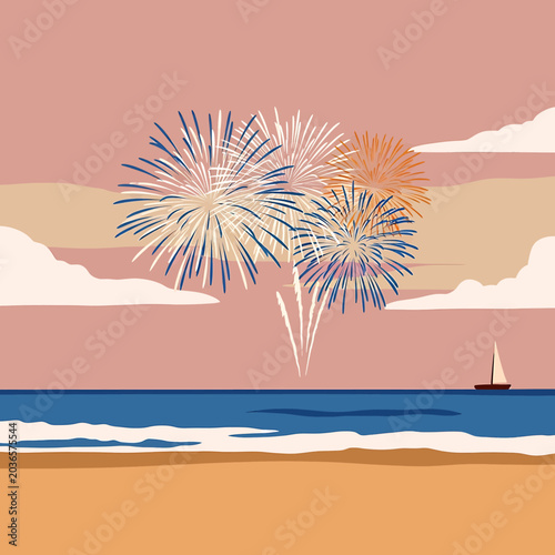 Fireworks exploding over ocean beach sunset.