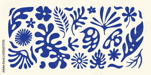 Konstfotografi Blue Botanical Illustration With Floral And Leafy Forms On Cream Background