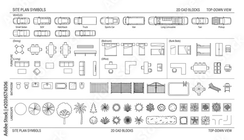 Site plan symbols and 2d cad blocks top down view including vehicles furniture bathroom and landscape vector transparent.