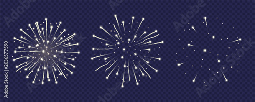 White golden firework burst vector illustration on dark transparent background showing three stages of pyrotechnic explosion.
