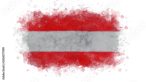 Tableau sur toile An artistic watercolor representation of the Austrian flag, featuring horizontal red and white stripes with a textured, splashed border on a white background