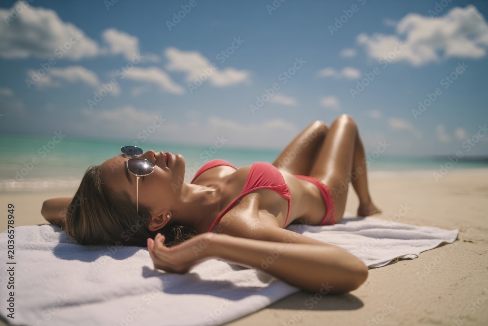 Fototapeta premium Young woman relaxing on white sand beach wearing aviator sunglasses and coral bikini under bright sun. Generative ai, AI generated