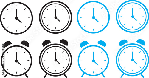Wall and alarm clocks vector line icons on a white background
