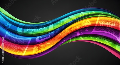 Vibrant multicolored wavy lines with sports icons on black background