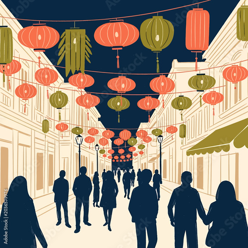 Obraz na płótnie People walking under colorful lanterns downtown.