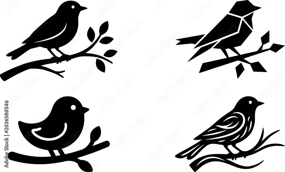 Fototapeta premium Bird silhouettes on tree branches variety of avian species perched on twigs with leaves nature wildlife graphic elements for design set of four unique bird styles.