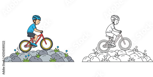 Boy Riding a Mountain Bike on Rocky Terrain Cartoon Vector Illustration and Coloring Page Set. Child Cycling on Mountain Trails with Safety Helmet. Fun Outdoor Sports Activity for Kids.