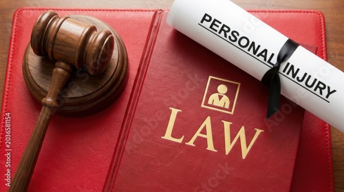 Gavel, law book and personal injury certificate on wooden table, legal justice and lawsuit concept.