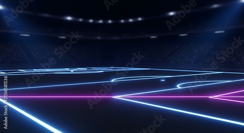 Neonlit stage with blue and pink lines in a dark room with spotlights shining down