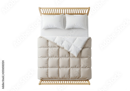 Top view of a neatly made bed with white pillows and a beige comforter on a wooden frame