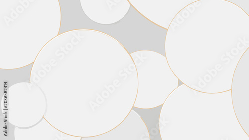 Overlapping white circles with gold rims on a gray background a layered abstract composition geometric shapes round circular neutral tones minimalist