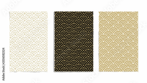 Art deco wave pattern swatches with repeating scallop shapes on a white background geometric design shell motif fan shape curvilinear decorative