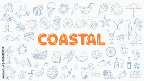Coastal themed hand drawn vector illustrations featuring seashells tropical fruits and beach accessories on a light background seashore summertime vacation holiday
