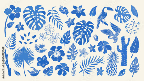 Blue tropical foliage and botanical silhouettes showcase a vibrant patterned arrangement on a light background leaves illustration floral monstera leaf hibiscus
