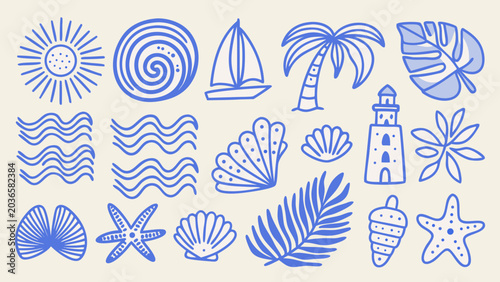 Collection Of Nautical themed Line Illustrations Featuring A Sun Palm Leaves Seashells And A Lighthouse beach blue coastal concentric coral curve