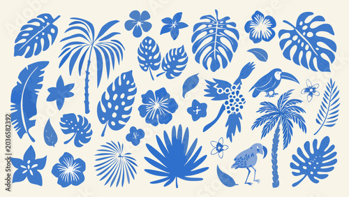 Tropical foliage and bird silhouettes in solid blue a decorative vector illustration on a light background leaves palm fronds monstera hibiscus