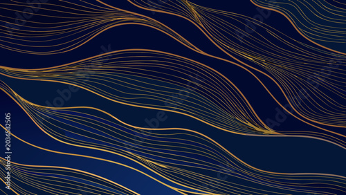 Golden wave pattern against a dark blue background a repeating abstract design with flowing lines vector illustration graphic decorative element texture