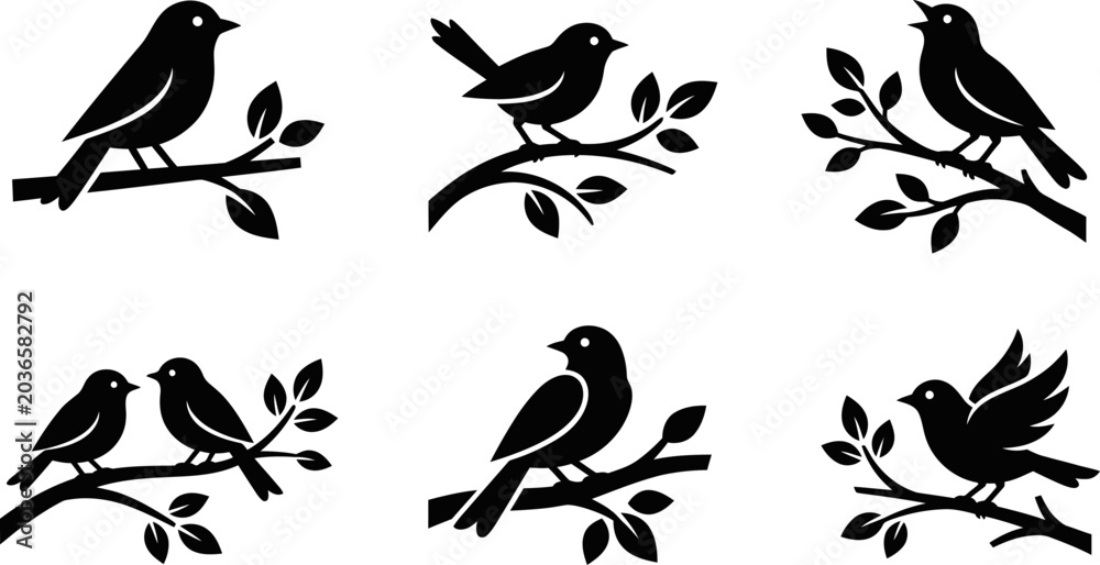 Fototapeta premium Collection of six black bird silhouettes perched on branches in different poses and styles, isolated on transparent background.