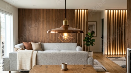 Modern living room interior with copper pendant light over wooden table and grey sofa against wood panel wall.