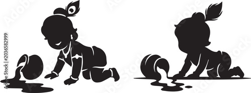 Tableau sur toile Cute Baby Krishna Crawling with Butter Pot Silhouette Vector Illustration