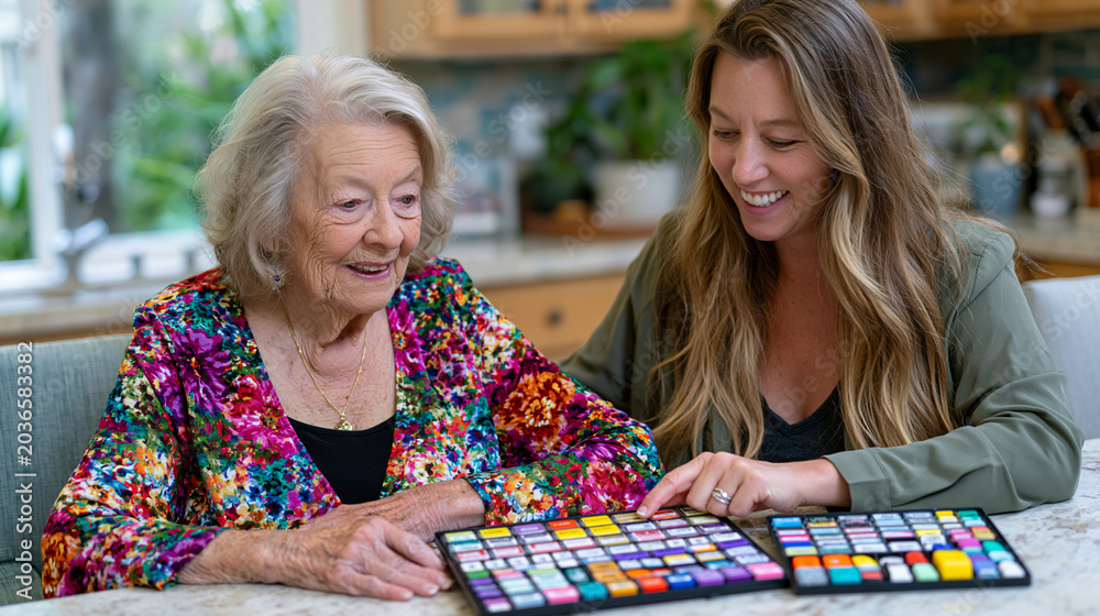 Fototapeta premium Elderly woman receiving in-home occupational therapy session focused on safe medication self-administration, therapist demonstrating pill organizer system at kitchen table, adaptive tools laid out o