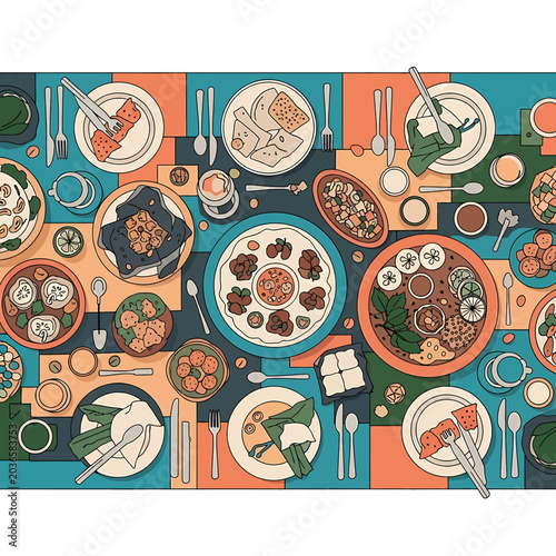 Cuadro en lienzo Colorful plates of international cuisine served.