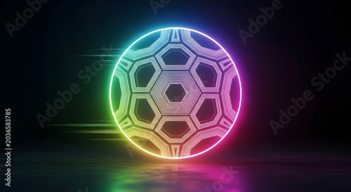 A glowing neon soccer ball with a futuristic design on a dark background with colorful lights