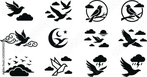 Set of black bird icons featuring pigeons flying through clouds alongside swallows and eagles for minimalist nature branding projects or simple decorative design work.