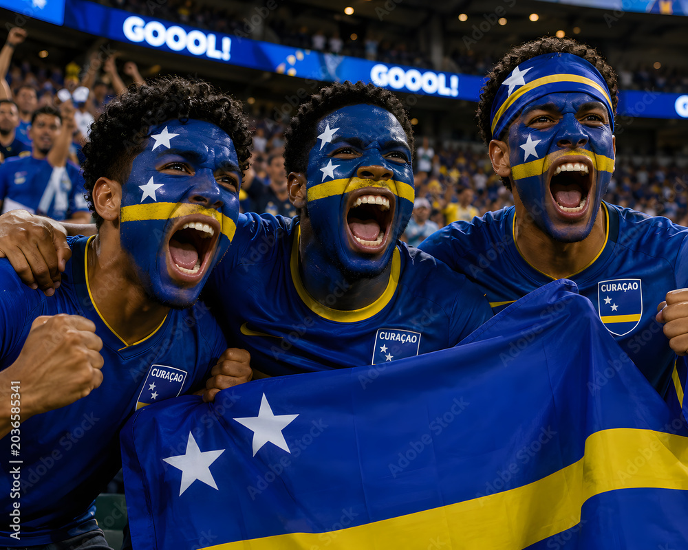 Obraz premium soccer fans cheer with painted faces and flag
