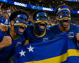 soccer fans cheer with painted faces and flag
