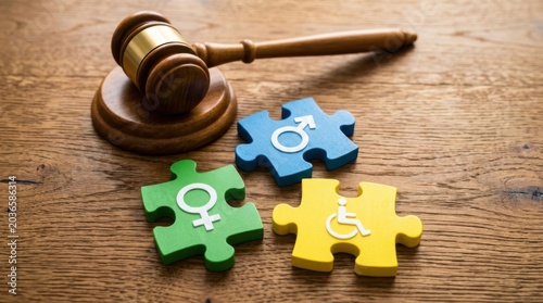 Wooden gavel next to colorful puzzle pieces with gender and disability symbols representing law and equality.