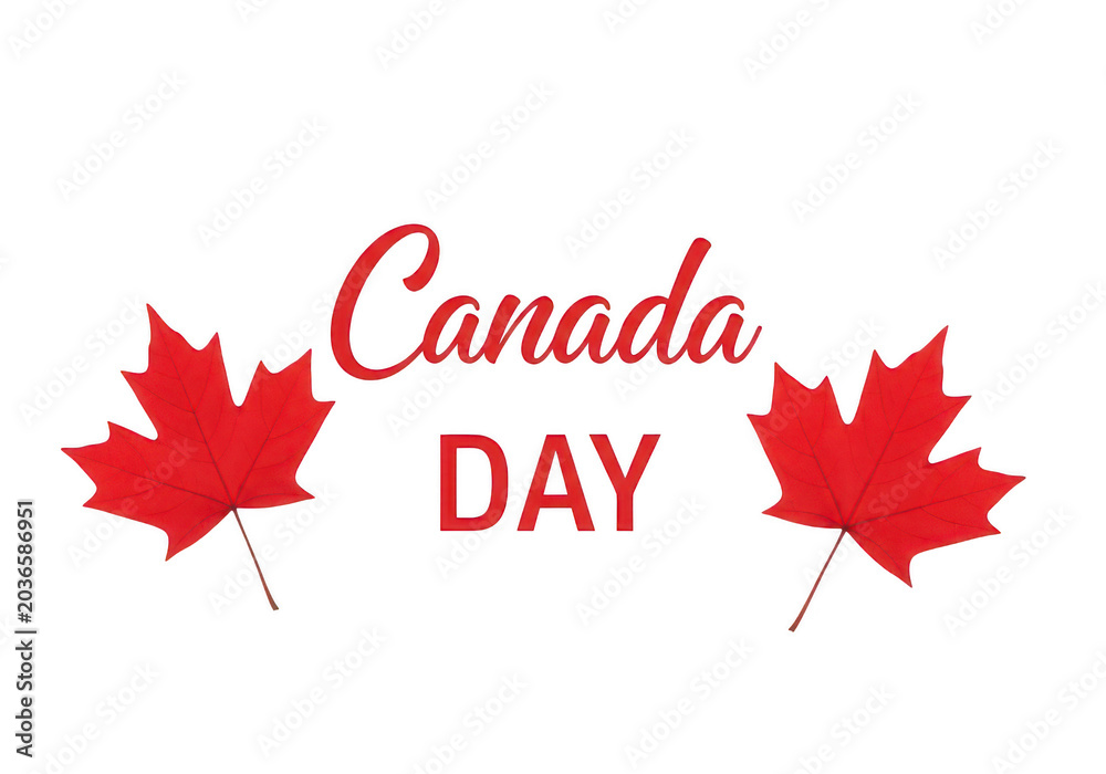 Fototapeta premium Red maple leaves flanking the canada day text for holiday celebration design PNG isolated on transparent background