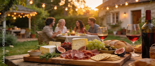 Rustic Outdoor Wine and Charcuterie Gathering at Sunset Garden Dinner Panoramic 