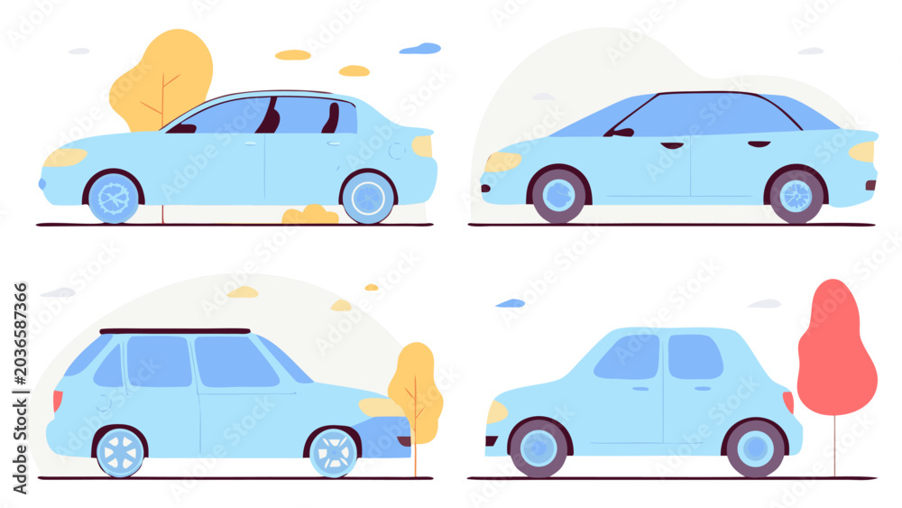 Naklejka premium Collection of four light blue modern car illustrations with subtle background elements