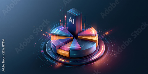 AI agent finance concept 3D pie chart with glowing data visualization and futuristic digital analytics interface