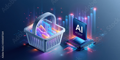AI agent finance shopping analytics basket with glowing data visualization and chart bars in futuristic style