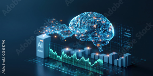 Ai agent finance neural network brain visualizing stock market analytics with glowing data stream and futuristic trading chart