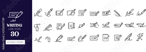 Writing line icon set featuring copywriting, blogging, content creation, author, pen, notebook, and editing. Professional editable vector illustration for notes app and UI UX design.