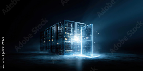 Ai agent finance futuristic server room with glowing digital door and data center light beam creating dramatic atmospheric mood