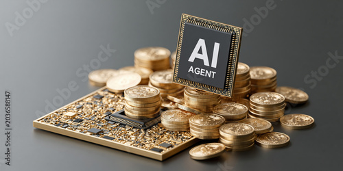 Ai agent finance chip and stacked coin concept blending technology and money sleek composition conveying innovation and value