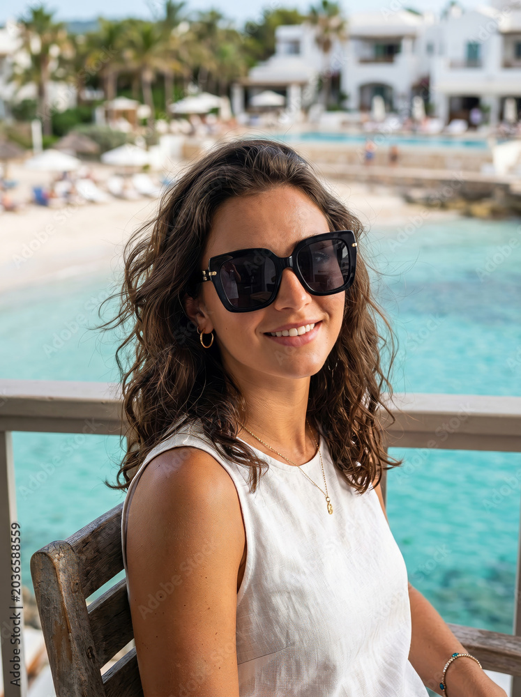Obraz premium Smiling woman in sunglasses at a tropical beach resort